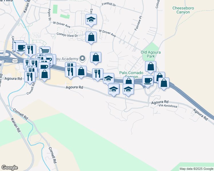 map of restaurants, bars, coffee shops, grocery stores, and more near 28404 Roadside Drive in Agoura Hills