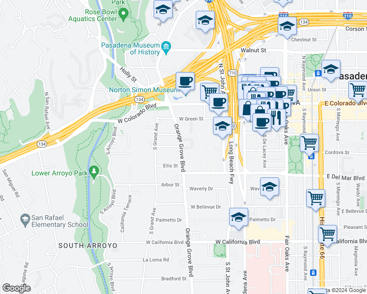 map of restaurants, bars, coffee shops, grocery stores, and more near 192 South Orange Grove Boulevard in Pasadena