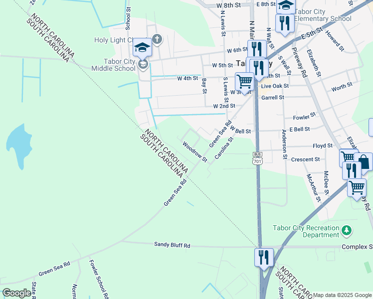map of restaurants, bars, coffee shops, grocery stores, and more near 305 Woodrow Street in Tabor City