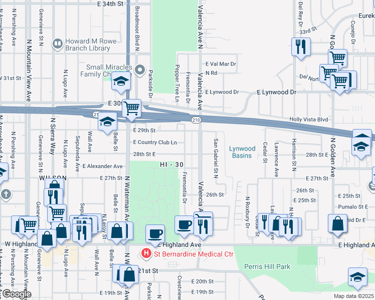 map of restaurants, bars, coffee shops, grocery stores, and more near 2823 Fremontia Drive in San Bernardino