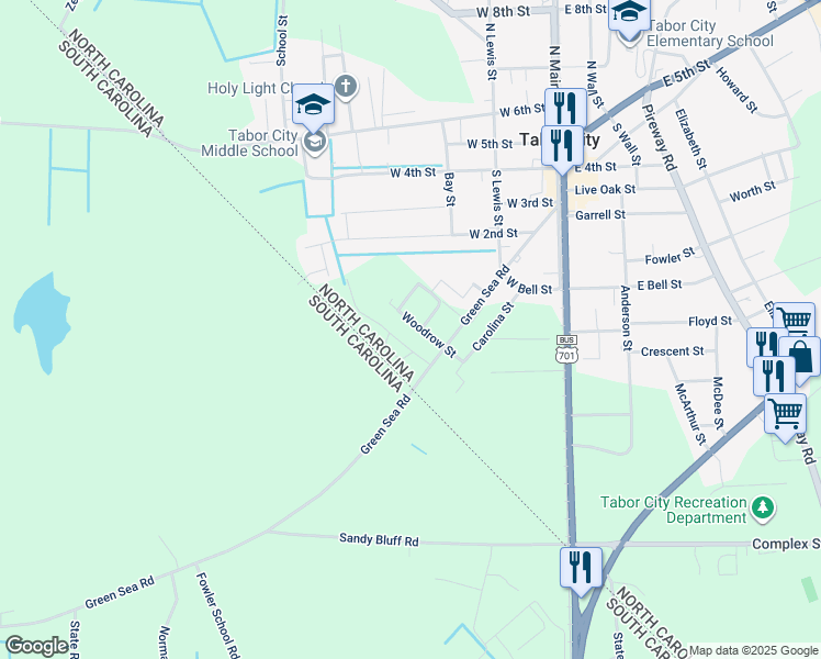 map of restaurants, bars, coffee shops, grocery stores, and more near 305 Woodrow Street in Tabor City