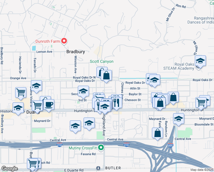 map of restaurants, bars, coffee shops, grocery stores, and more near 824 Highland Avenue in Duarte