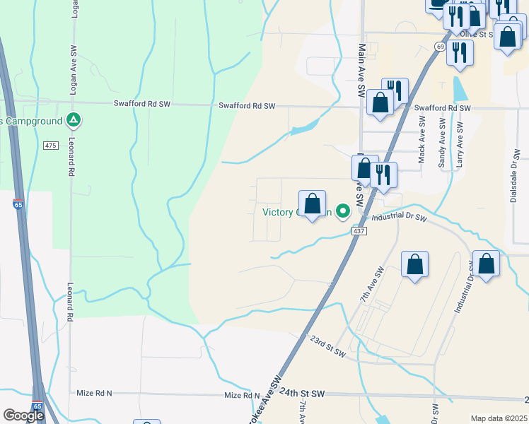 map of restaurants, bars, coffee shops, grocery stores, and more near 2074 Main Avenue Southwest in Cullman