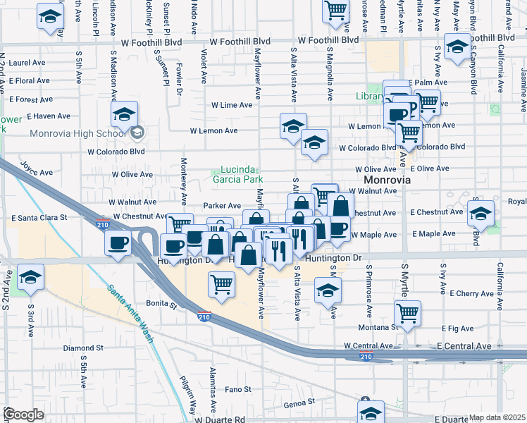 map of restaurants, bars, coffee shops, grocery stores, and more near 814 Mayflower Avenue in Monrovia