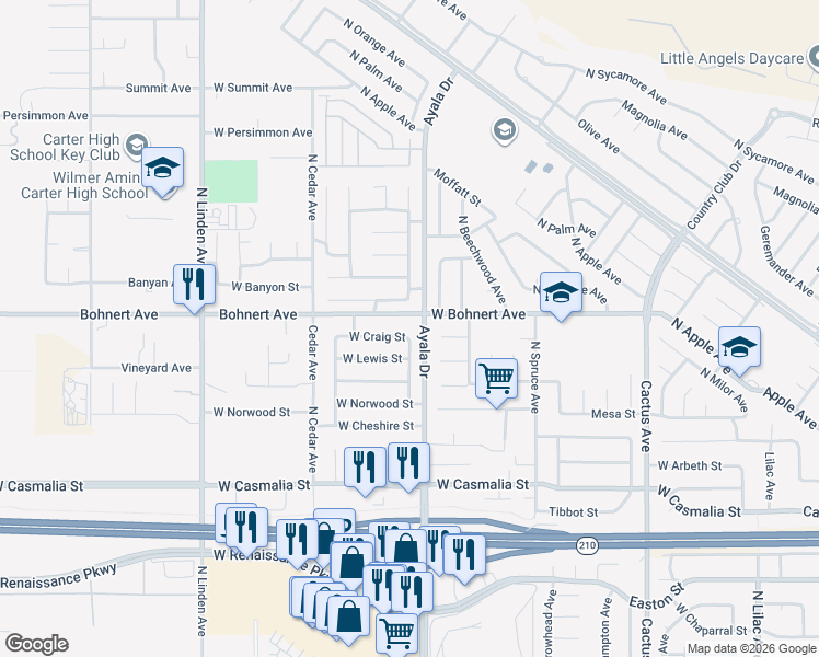 map of restaurants, bars, coffee shops, grocery stores, and more near 1121 West Bohnert Avenue in Rialto