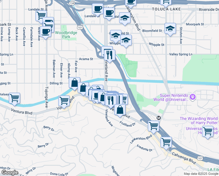 map of restaurants, bars, coffee shops, grocery stores, and more near 10979 Bluffside Drive in Los Angeles