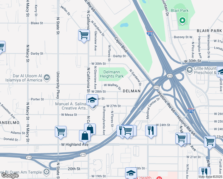 map of restaurants, bars, coffee shops, grocery stores, and more near 1742 West 28th Street in San Bernardino