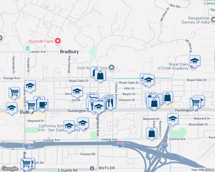 map of restaurants, bars, coffee shops, grocery stores, and more near 821 Miltonwood Avenue in Duarte