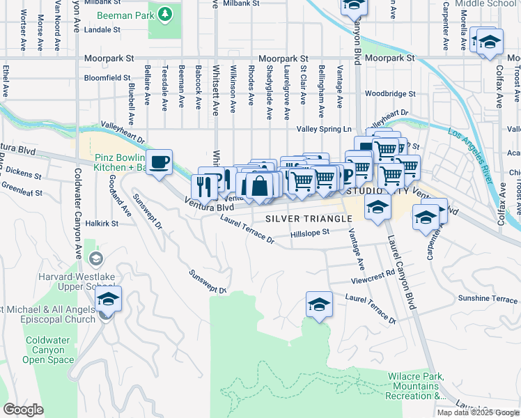 map of restaurants, bars, coffee shops, grocery stores, and more near 12349 Ventura Boulevard in Los Angeles