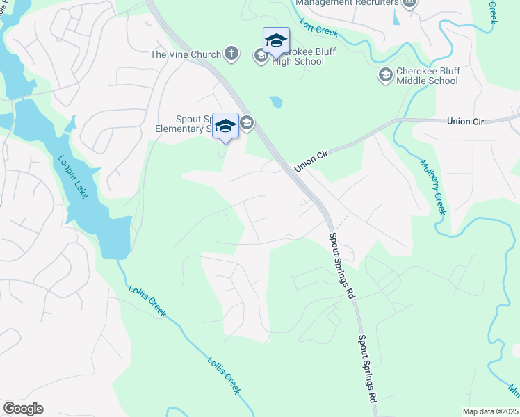 map of restaurants, bars, coffee shops, grocery stores, and more near 6700 Spout Springs Rd in Flowery Branch