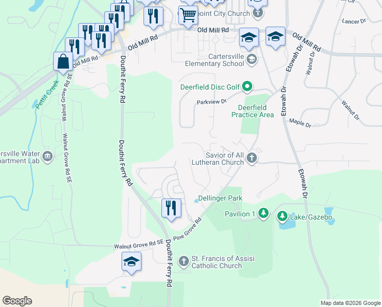 map of restaurants, bars, coffee shops, grocery stores, and more near 23 Stratford Lane in Cartersville
