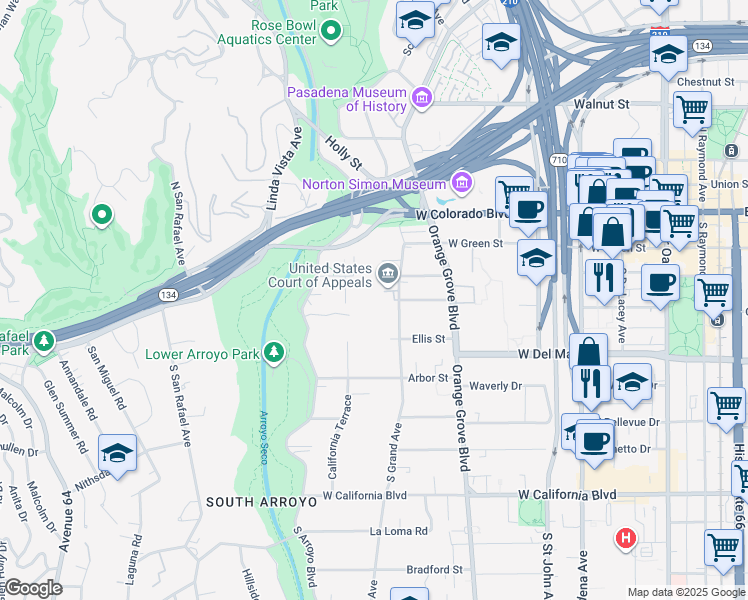 map of restaurants, bars, coffee shops, grocery stores, and more near 195 South Grand Avenue in Pasadena