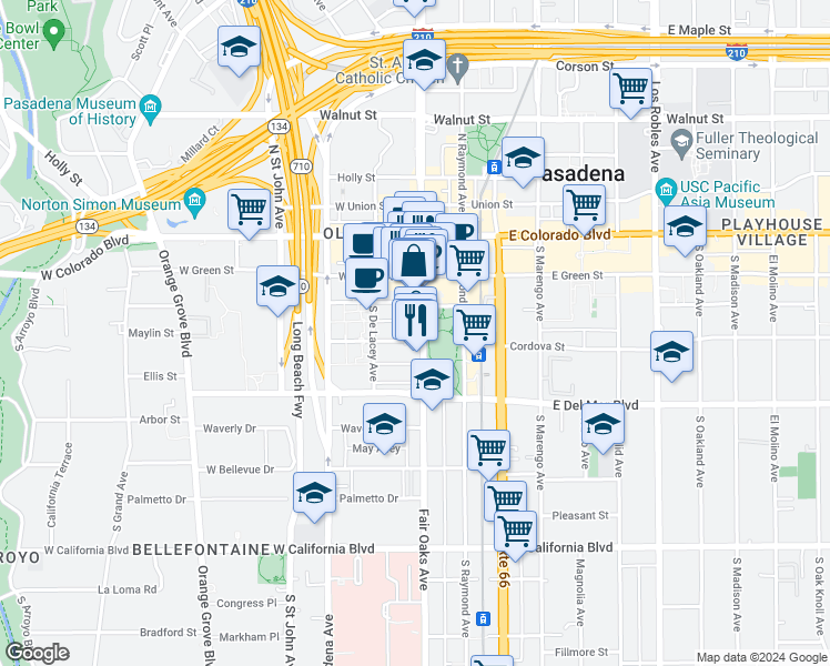 map of restaurants, bars, coffee shops, grocery stores, and more near 179 South Fair Oaks Avenue in Pasadena