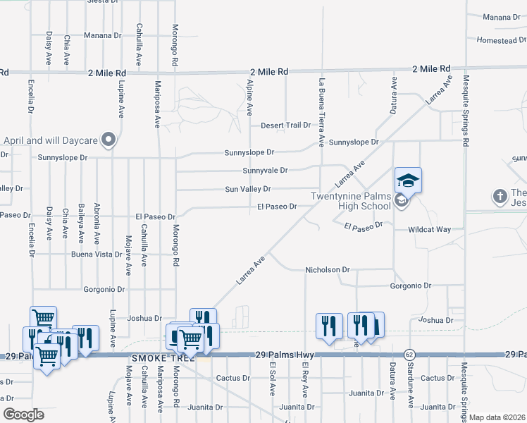 map of restaurants, bars, coffee shops, grocery stores, and more near 72337 El Paseo Drive in Twentynine Palms