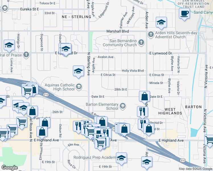 map of restaurants, bars, coffee shops, grocery stores, and more near 6120 Rogers Lane in San Bernardino