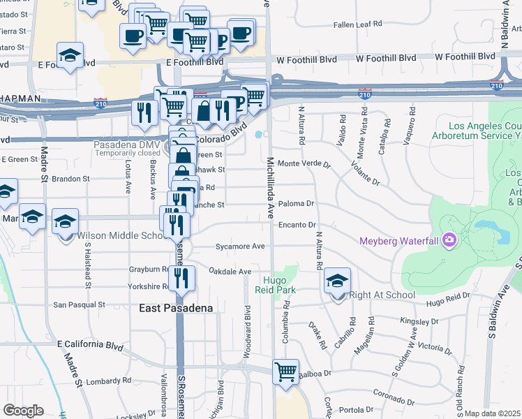 map of restaurants, bars, coffee shops, grocery stores, and more near 191 Michillinda Avenue in Pasadena
