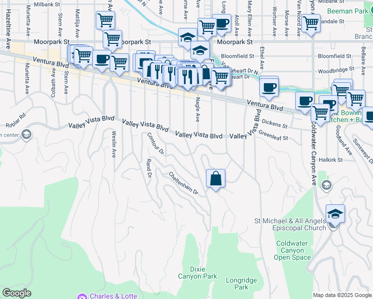 map of restaurants, bars, coffee shops, grocery stores, and more near 4019 Dixie Canyon Avenue in Los Angeles
