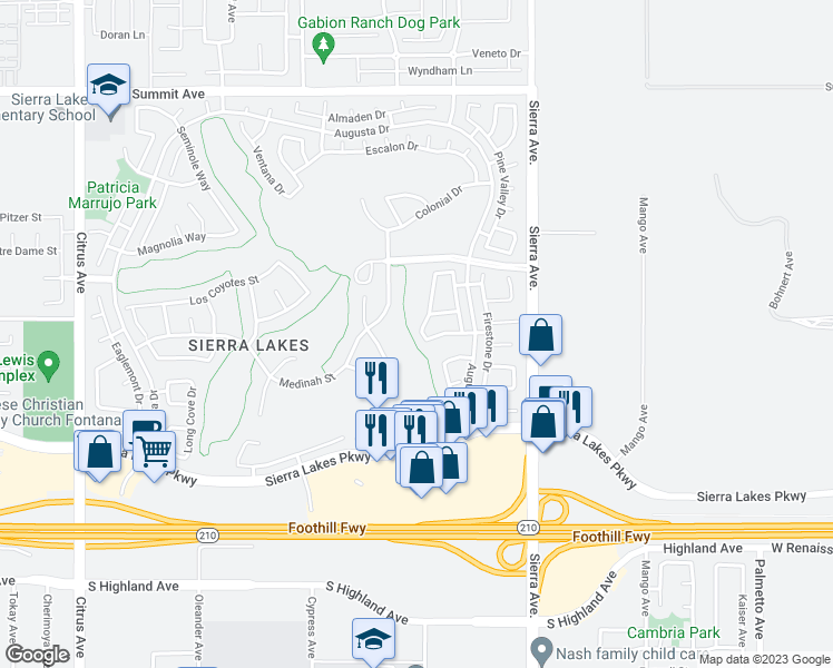 map of restaurants, bars, coffee shops, grocery stores, and more near 6126 Greenboro Way in Fontana
