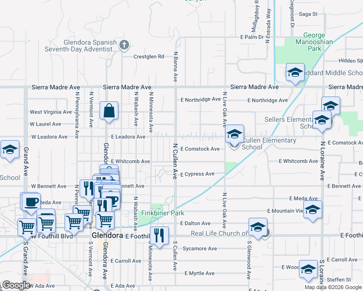 map of restaurants, bars, coffee shops, grocery stores, and more near 513 East Comstock Avenue in Glendora