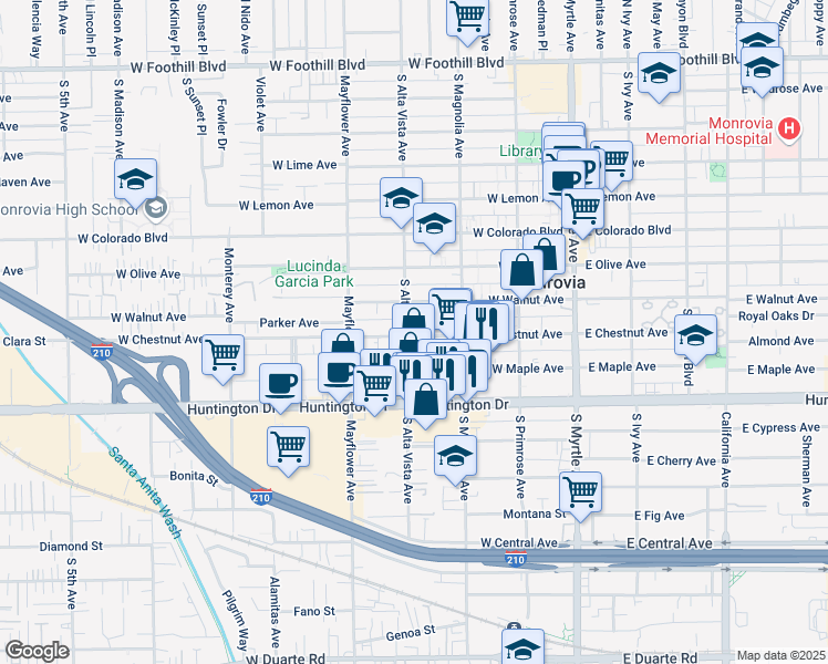 map of restaurants, bars, coffee shops, grocery stores, and more near 335 West Chestnut Avenue in Monrovia