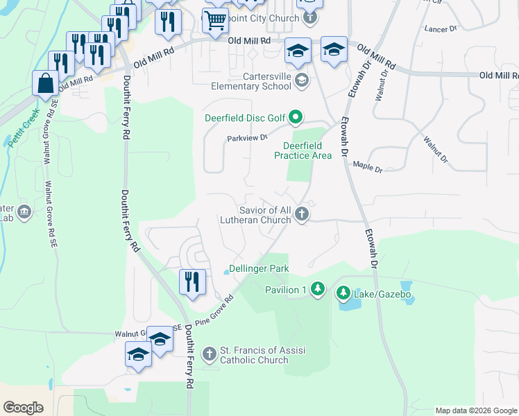 map of restaurants, bars, coffee shops, grocery stores, and more near 14 Victoria Drive in Cartersville