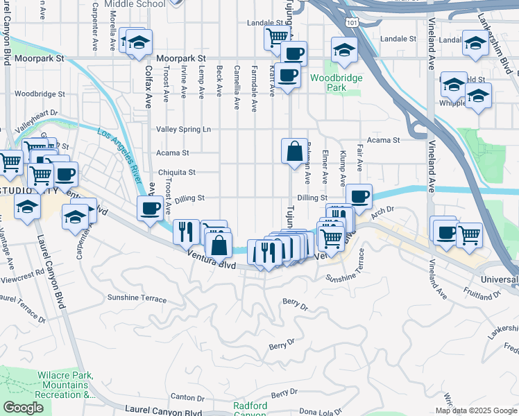 map of restaurants, bars, coffee shops, grocery stores, and more near 4104 Farmdale Avenue in Los Angeles