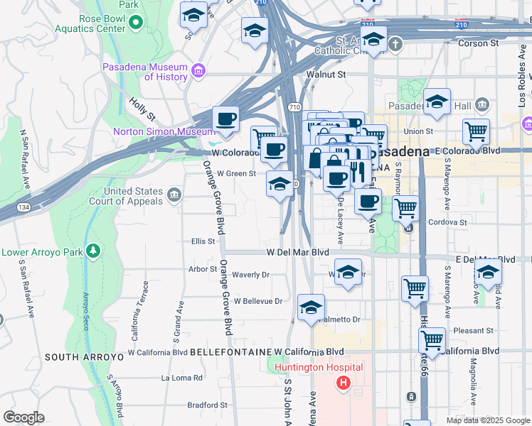 map of restaurants, bars, coffee shops, grocery stores, and more near in Pasadena