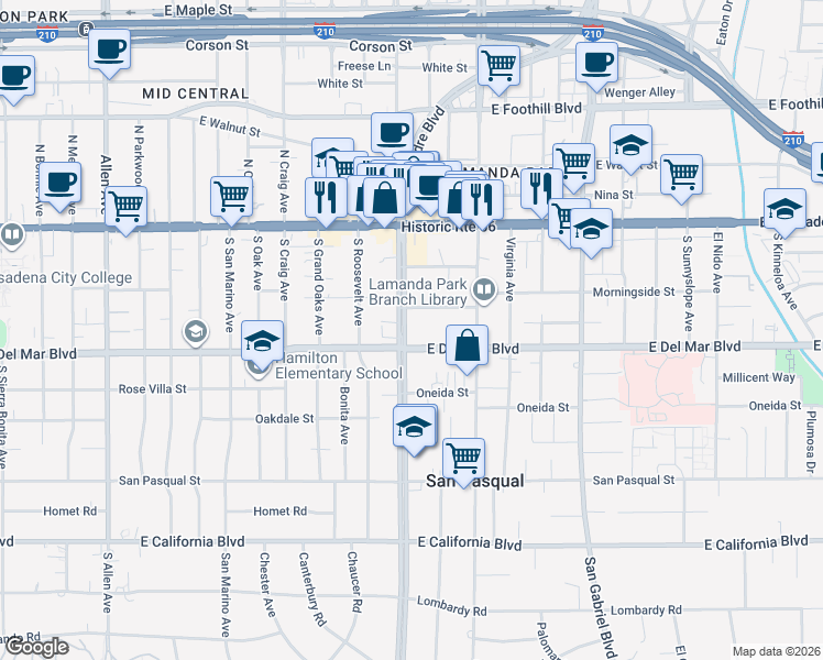 map of restaurants, bars, coffee shops, grocery stores, and more near 168 South Sierra Madre Boulevard in Pasadena