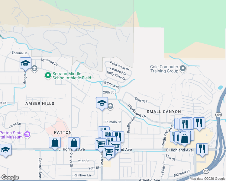 map of restaurants, bars, coffee shops, grocery stores, and more near 3683 East Citrus Street in Highland