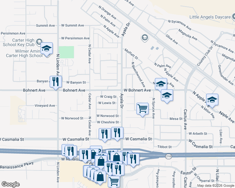 map of restaurants, bars, coffee shops, grocery stores, and more near 1121 West Bohnert Avenue in Rialto