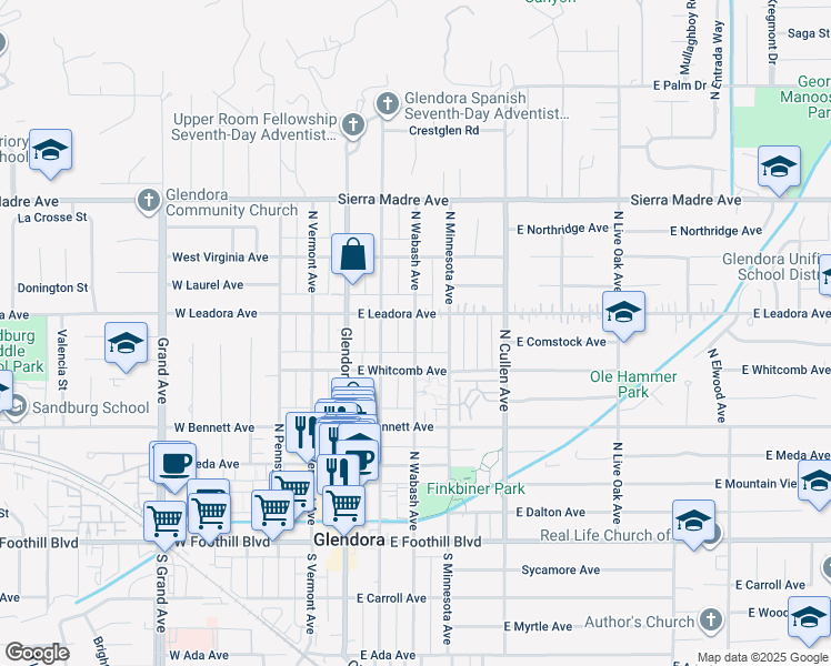 map of restaurants, bars, coffee shops, grocery stores, and more near 304 East Leadora Avenue in Glendora