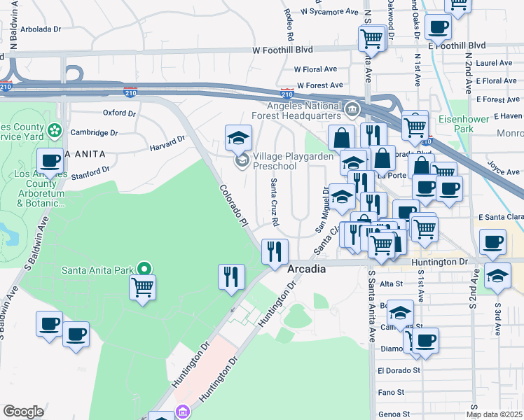 map of restaurants, bars, coffee shops, grocery stores, and more near 234 Santa Rosa Road in Arcadia