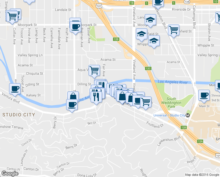 map of restaurants, bars, coffee shops, grocery stores, and more near 4248 Arch Drive in Los Angeles