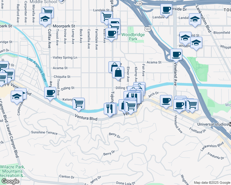 map of restaurants, bars, coffee shops, grocery stores, and more near 4122 Tujunga Avenue in Los Angeles