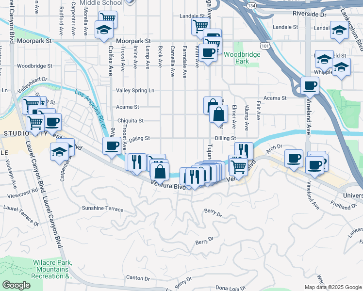 map of restaurants, bars, coffee shops, grocery stores, and more near 4113 Farmdale Avenue in Los Angeles