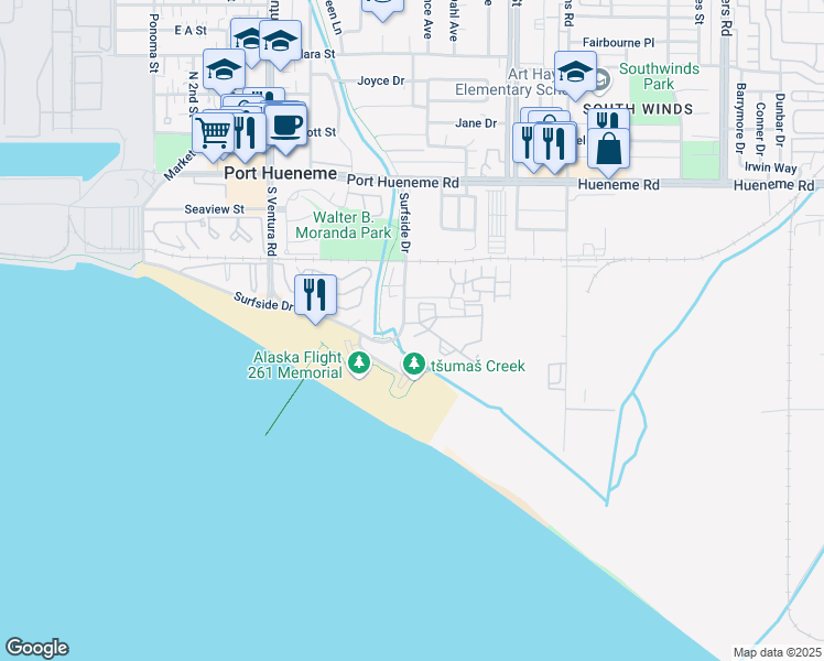 map of restaurants, bars, coffee shops, grocery stores, and more near 572 Ebbtide Circle in Port Hueneme