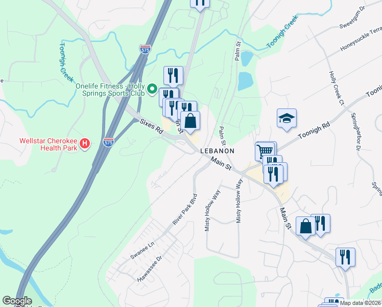 map of restaurants, bars, coffee shops, grocery stores, and more near 4980 Old Highway 5 in Woodstock