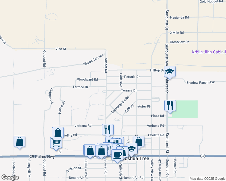 map of restaurants, bars, coffee shops, grocery stores, and more near Scenic Drive in Joshua Tree