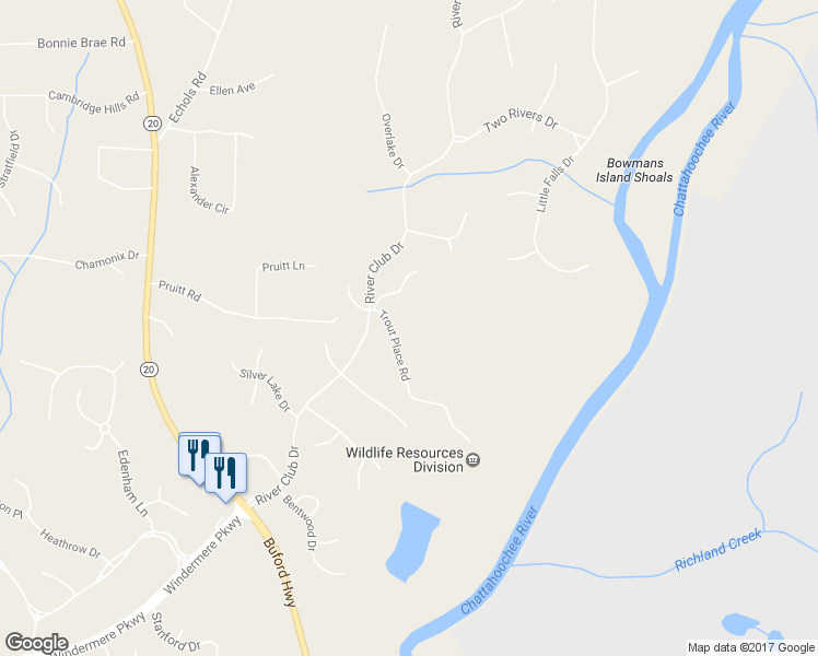 map of restaurants, bars, coffee shops, grocery stores, and more near 3159 Trout Place Road in Cumming