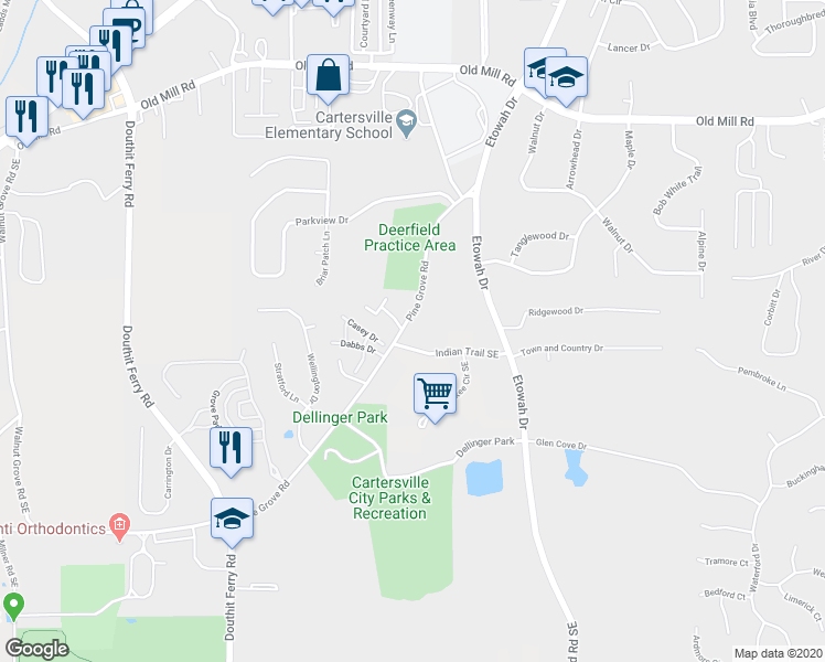 map of restaurants, bars, coffee shops, grocery stores, and more near 40 Pine Grove Road in Cartersville