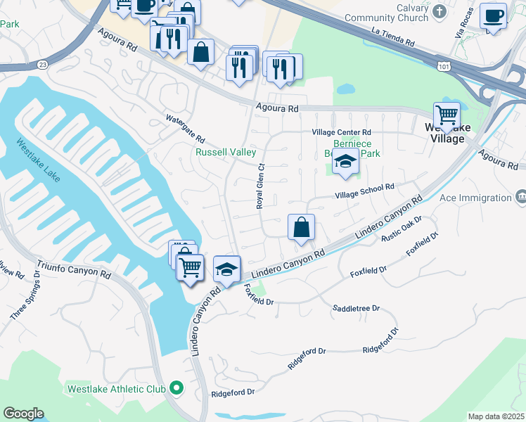 map of restaurants, bars, coffee shops, grocery stores, and more near 31948 Lyndbrook Court in Westlake Village