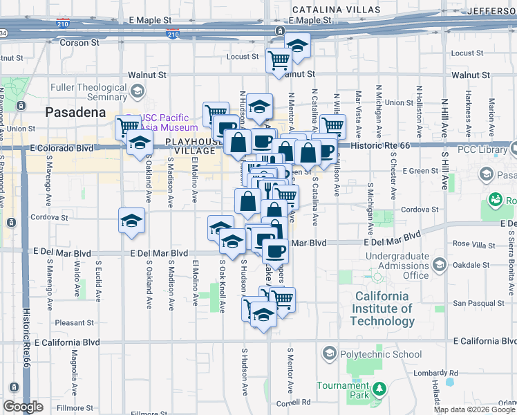 map of restaurants, bars, coffee shops, grocery stores, and more near 841 Cordova Street in Pasadena