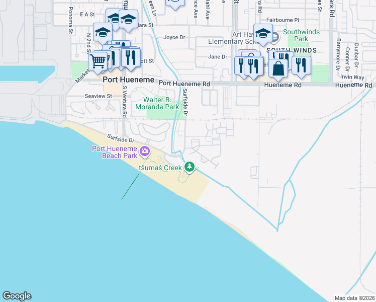 map of restaurants, bars, coffee shops, grocery stores, and more near 614 Sunfish Way in Port Hueneme