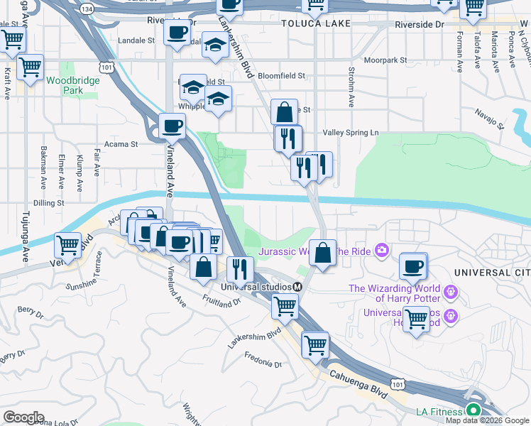 map of restaurants, bars, coffee shops, grocery stores, and more near 4038 Denny Avenue in Los Angeles