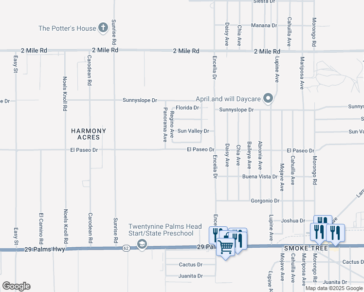 map of restaurants, bars, coffee shops, grocery stores, and more near 71535 Sunflower Drive in Twentynine Palms
