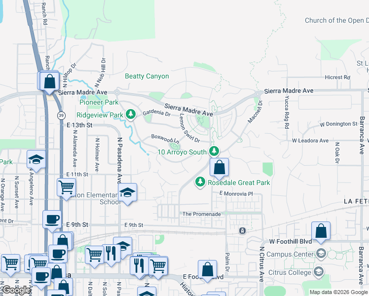 map of restaurants, bars, coffee shops, grocery stores, and more near 679 Boxwood Lane in Azusa