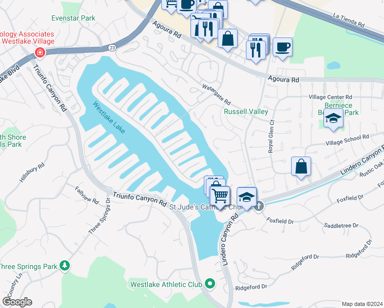map of restaurants, bars, coffee shops, grocery stores, and more near 4050 Mariner Circle in Westlake Village
