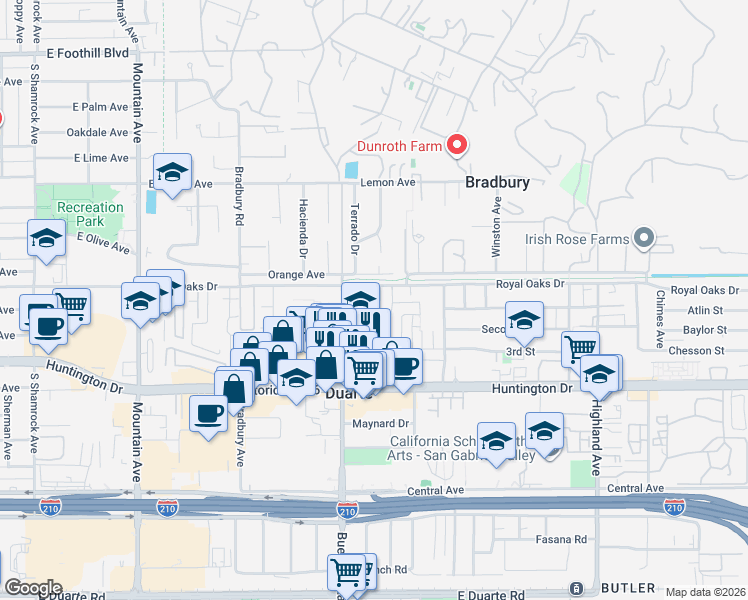 map of restaurants, bars, coffee shops, grocery stores, and more near 1310 Royal Oaks Drive in Duarte