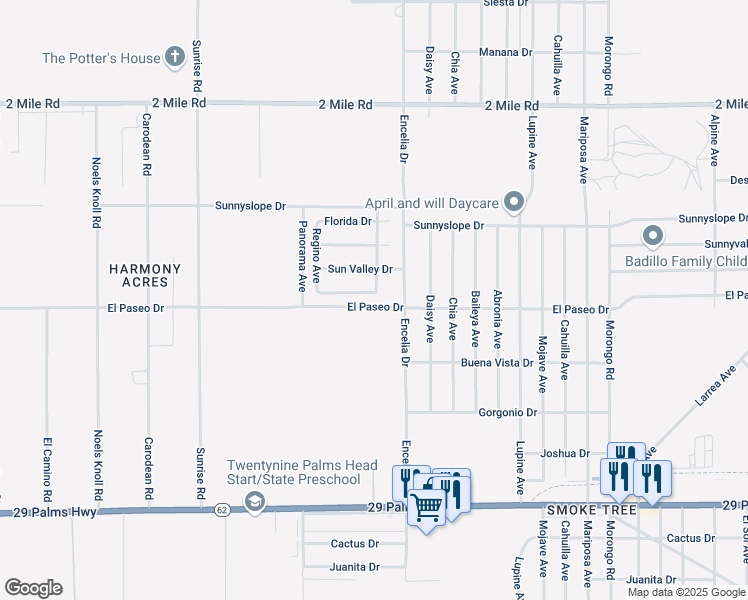 map of restaurants, bars, coffee shops, grocery stores, and more near 71593 Sunflower Drive in Twentynine Palms