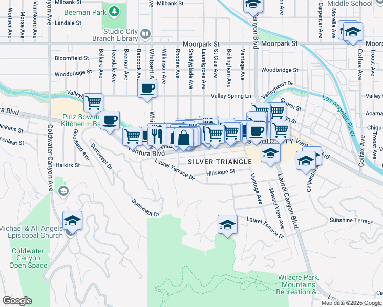map of restaurants, bars, coffee shops, grocery stores, and more near 12349 Ventura Boulevard in Los Angeles